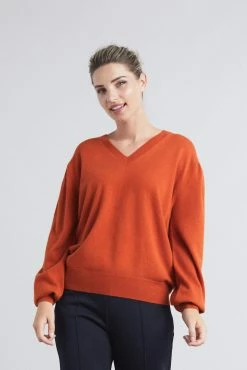 Loop Cashmere Cashmere V Neck Sweater in Orange
