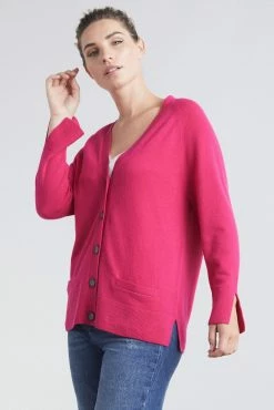 Loop Cashmere V Neck Cashmere Cardigan in Cherry - Pink
